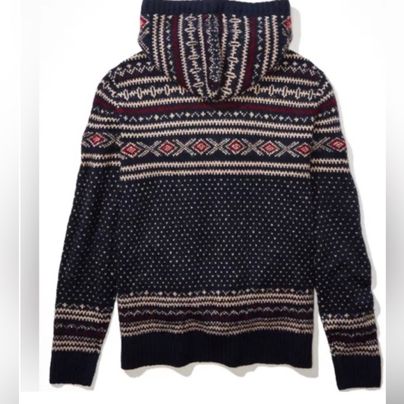 American Eagle Men's Navy Birdseye Fairisle Hoodie Sweater Size Lg - Picture 3 of 10